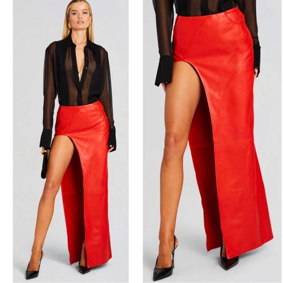 Retrofete Tash Leather Asymmetric High Slit Fiery Red Maxi Skirt Size Medium - Picture 1 of 8
